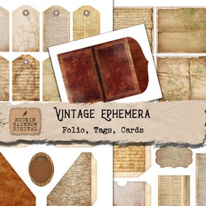 May include: A collection of vintage ephemera, including folio, tags, and cards. The image features aged paper textures, a leather-bound book, and various tags with floral and script designs. The text "Vintage Ephemera" is displayed prominently.