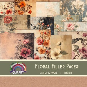 Floral Filler Pages, 12 Vertical Papers, Digital Junk Journal, Printable Papers, Junk Journal Kit, Junk Journal Supplies, Junk Journaling