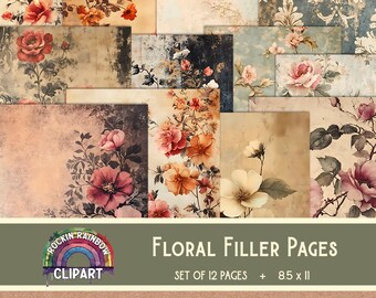 Distressed Floral Junk Journal-pagina's: 12 afdrukbare opvulpapieren (pdf)
