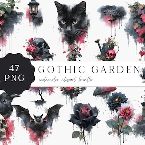 Gothic Garden Clipart, Dark Floral PNG, Watercolor Gothic Art, Scrapbooking Graphics, Commercial Use Bundle