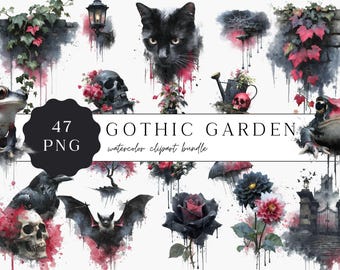 Gothic Clipart, Dark Floral PNG, Watercolor Garden Art, Fairy Garden & Vampire Scrapbooking Graphics, Commercial Use Bundle