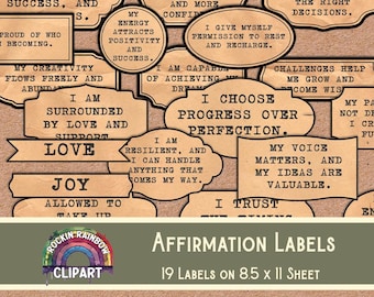 Positive Affirmation Junk Journal Labels, Inspirational Phrases, Printable, Shabby Chic Ephemera, Digital Scrapbooking, Words for Journal