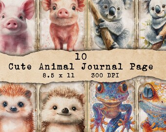May include: Ten digital journal pages featuring cute animal illustrations. The pages include a pig, koala, hedgehog, frog, and lizard. The pages are 8.5 inches by 11 inches and 300 DPI.