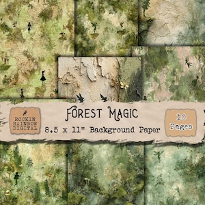 May include: A collection of ten 8.5 x 11 inch "Forest Magic" background papers. The papers feature a variety of forest-themed designs in shades of green, brown, and beige, with fairy silhouettes and textured elements.