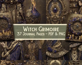 May include: A collage of mystical and gothic-themed digital art elements. The image features a central banner with the text "Witch Grimoire" and "37 Journal Pages - PDF & PNG." The artwork includes ornate frames, floral arrangements, and a burning flame.