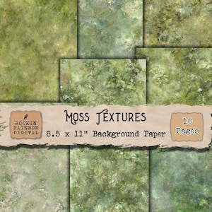 May include: A set of ten moss texture background papers, each measuring 21.59 x 27.94 cm. The papers feature a range of green and brown hues, with a mottled effect. The words "Moss Textures" are displayed on the image.