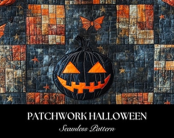 Naadloze Halloween-patchworkpatroon, digitale download voor spookachtige stof, commercieel gebruik, schattig Halloween-ontwerp