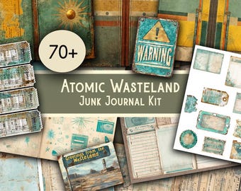 May include: A collection of vintage-style junk journal kit elements. The kit includes aged paper, tags, and journal covers with a distressed, weathered appearance. The color palette features teal, brown, and yellow tones, with the text "Atomic Wasteland Junk Journal Kit".
