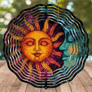 Moon and Sun Wind Spinner - Stained Glass, Celestial Stars Outdoor Decor, Magical Garden Windspinner Gift, Sublimation PNG
