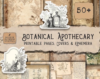 Apotekare skräpjournalkit - Vintage örtläkare grimoiresida för vetenskaplig naturjournaling, torkade blommor, grön häxa utskrivbar