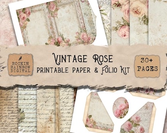 May include: A collection of vintage-style printable paper and folio kit with a floral rose theme. The kit includes various paper designs, including pages with script, floral patterns, and decorative frames. The text on the image reads "Vintage Rose Printable Paper & Folio Kit".