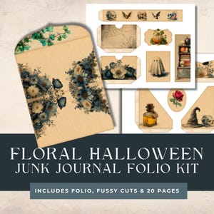 Halloween Junk Journal Folio Kit, Spooky Printable Ephemera, Vintage Craft Supplies, Digital Download, Tags, Floral Pages, Scrapbooking