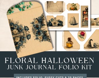 Halloween Junk Journal Folio Kit, Spooky Printable Ephemera, Vintage Craft Supplies, Digital Download, Tags, Floral Pages, Scrapbooking