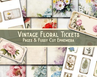 Floral Vintage Ticket Clusters – Printable Fussy Cuts, Grunge Labels, Digital Ephemera, Scrapbook, Fussy Cut Flowers, Junk Journal Pages