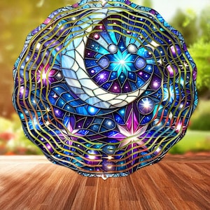 Moon Wind Spinner - Stained Glass Windspin, Celestial Stars Outdoor Decor, Magical Garden Windspinner Gift, Sublimation PNG