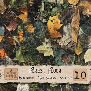 May include: A textured collage featuring autumn leaves, moss, and forest floor elements. The image showcases a mix of leaf colours, including yellow, brown, and green. Text on the image reads "Forest Floor" and "Half Papers - 14 x 21.6 cm".