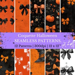12 Coquette Halloween Seamless Pattern, Digital Download, Spooky Bow Design, Repeat Halloween Fabric Print