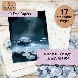 Könnte beinhalten: Eine Sammlung von 17 druckbaren Seiten mit digitalen Papieren zu Pilz- und Waldthemen. Das Set enthält 10 kostenlose Papiere, beschriftet mit 8.5 x 11 Zoll, sowie Text mit Rockin Rainbow Digital, Ghost Fungi und Omphalotus Nidiformis.