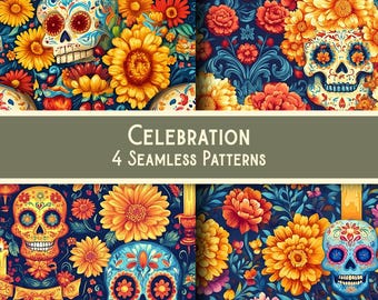 Dia de los Muertos Digital Papers, Colorful Sugar Skulls, Printable Halloween Journal, Instant Download Kit