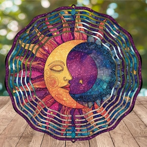 Moon and Sun Wind Spinner - Stained Glass, Celestial Stars Outdoor Decor, Magical Garden Windspinner Gift, Sublimation PNG