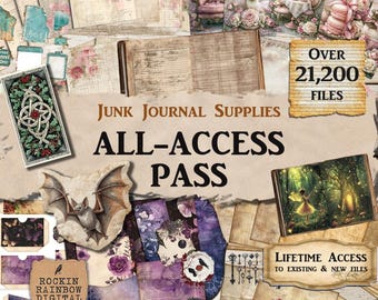 Può includere: Una collezione digitale di forniture per junk journal con un pass di accesso completo a oltre 21.200 file. Le immagini includono texture di carta vintage, illustrazioni floreali, un pipistrello, una fata in un bosco e vari efimeri con testo.