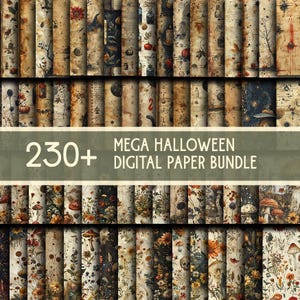 May include: A digital paper bundle with over 230 designs, perfect for Halloween. The papers showcase vintage-style illustrations of pumpkins, bats, and floral arrangements. The colour scheme includes browns, oranges, and blacks.
