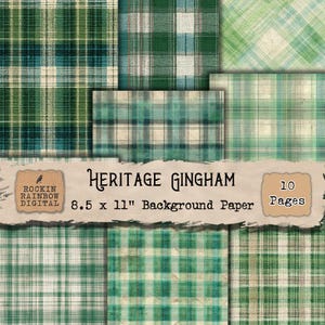 以下が含まれることがあります： 緑と白のギンガムチェック柄の、10枚のHeritage Gingham背景紙。各紙は21.6 x 27.9 cmです。画像には「Heritage Gingham」と「10 Pages」というテキストが含まれています。