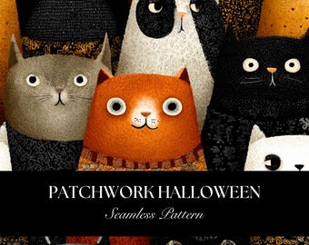 Naadloze Halloween-patchworkpatroon, digitale download voor spookachtige stof, commercieel gebruik, schattig Halloween-ontwerp
