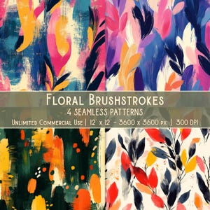 Könnte beinhalten: Vier nahtlose digitale Papiermuster mit abstrakten floralen Pinselstrichen in leuchtenden Farben wie Pink, Gelb, Orange, Blau und Grün. Die Muster sind 30,48 cm x 30,48 cm groß und haben eine Auflösung von 300 DPI.