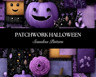 Naadloze Halloween-patchworkpatroon, digitale download voor spookachtige stof, commercieel gebruik, schattig Halloween-ontwerp