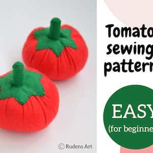 Op de afbeelding: Twee rode vilt tomaten naai patronen met groene vilt bladeren. De tekst "Tomaten naai patroon GEMAKKELIJK (voor beginners)" staat aan de rechterkant van de afbeelding.