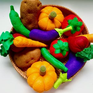 May include: A collection of felt play food vegetables including orange pumpkins, red tomatoes, purple eggplants, brown potatoes, green cucumbers, and an orange carrot with green leafy tops, all arranged inside a round woven wicker basket.