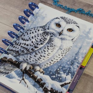 May include: A disc-bound planner featuring a snowy owl perched on a branch on the cover. The planner has metallic blue binding discs and colorful monthly tab dividers labeled January, February, and March visible along the right side edge.