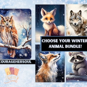 May include: A collage of four winter animal illustrations. The top row features a snowy owl perched on a branch and a red fox sitting in the snow. The bottom row features a wolf standing in the snow and a raccoon sitting on a snowy rock. The text "CHOOSE YOUR WINTER ANIMAL BUNDLE!" is displayed in the center of the collage.