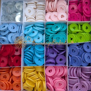 May include: A collection of plastic disc-bound notebook expansion discs organized in a grid of twelve compartments. The discs are in various solid colors, including white, pink, red, orange, yellow, green, blue, purple, and clear glitter.