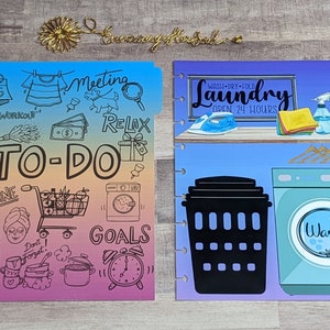 May include: Two colorful planner pages with a rainbow gradient background. The left page has a to-do list with doodles of a shopping cart, a clock, a calendar, and a washing machine. The right page has a laundry theme with a washing machine, a laundry basket, and a sign that says "Wash-Dry-Fold Laundry Open 24 Hours".