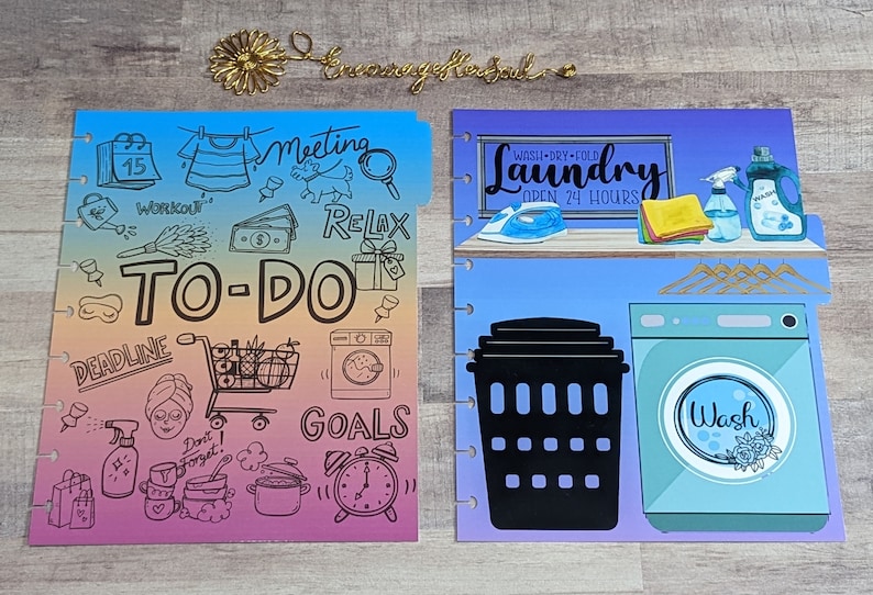 May include: Two colorful planner pages with a rainbow gradient background. The left page has a to-do list with doodles of a shopping cart, a clock, a calendar, and a washing machine. The right page has a laundry theme with a washing machine, a laundry basket, and a sign that says "Wash-Dry-Fold Laundry Open 24 Hours".