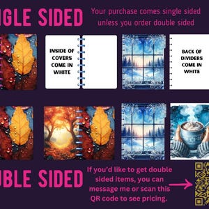 Op de afbeelding: Een productoverzicht met enkelzijdige en dubbelzijdige planneromslagen en tabbladen. De ontwerpen tonen herfstbladeren, een winterbos en een dampende mok. Tekst bevat 'SINGLE SIDED', 'DOUBLE SIDED' en 'INSIDE OF COVERS COME IN WHITE'.