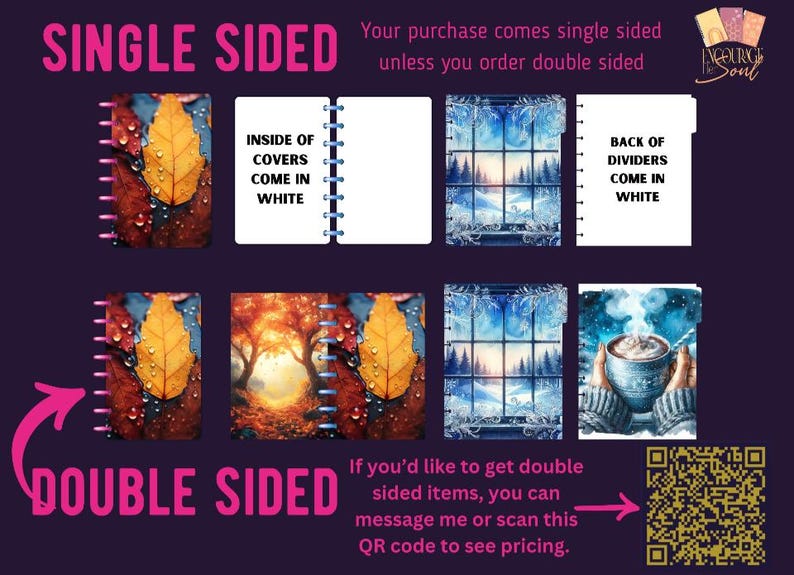 Op de afbeelding: Een productoverzicht met enkelzijdige en dubbelzijdige planneromslagen en tabbladen. De ontwerpen tonen herfstbladeren, een winterbos en een dampende mok. Tekst bevat 'SINGLE SIDED', 'DOUBLE SIDED' en 'INSIDE OF COVERS COME IN WHITE'.