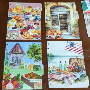 May include: Four colorful dividers with watercolor illustrations. The first divider features a breakfast scene with pancakes, eggs, fruit, and pastries. The second divider shows a French bakery with a sign that reads "Barreegnon, Boul. des Dames de". The third divider shows a small house with a garden and the text "Welcome" and "veggie garden". The fourth divider shows a picnic scene with a lake, a picnic basket, and an American flag.