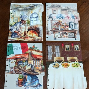 May include: Four different illustrated pages for a planner or journal. The first page shows a chef in a white hat and apron preparing a pizza. The second page shows a street scene with a bakery and a sign that says "Fresh Baked Goods". The third page shows a table setting with a white tablecloth and plates of food. The fourth page shows a man wearing a sombrero and a poncho standing in front of a building with a sign that says "Mexican".