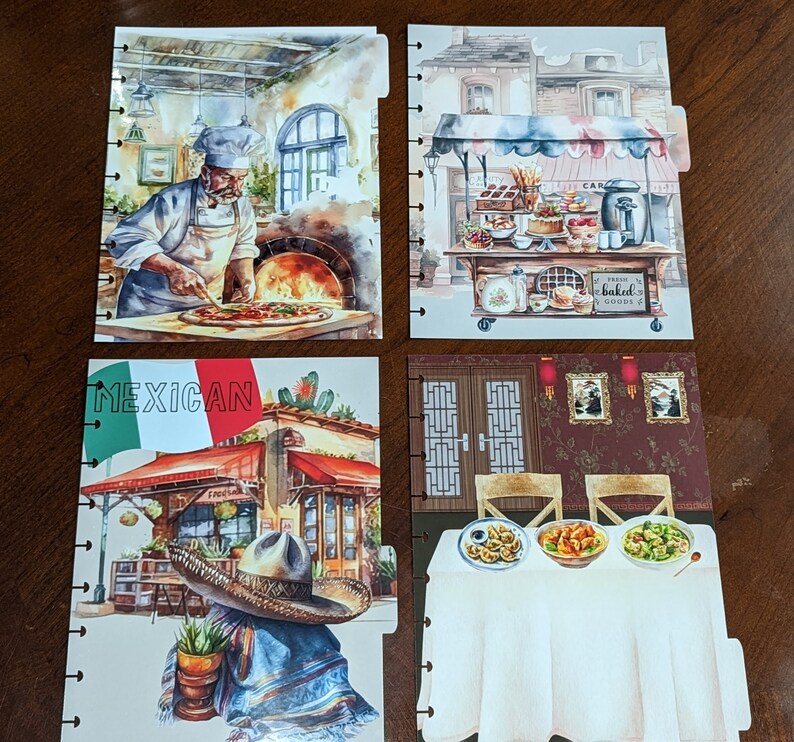 May include: Four different illustrated pages for a planner or journal. The first page shows a chef in a white hat and apron preparing a pizza. The second page shows a street scene with a bakery and a sign that says "Fresh Baked Goods". The third page shows a table setting with a white tablecloth and plates of food. The fourth page shows a man wearing a sombrero and a poncho standing in front of a building with a sign that says "Mexican".