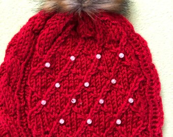 Slouchy Beanie Women's Knit Hat with pearls