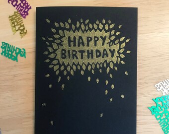 Joyeux anniversaire card_Linocut card_Gold ou rouge