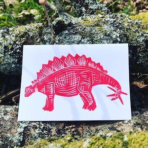 Dinosaur card_Red_Stegosaurus_Linocut print