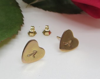 GOLD FILLED EARRINGS, Stamped Any Initial Petite Hearts, 14K Gold Filled Studs, One of a Kind, Artisan Made, Birthday, Anniversary, Wedding
