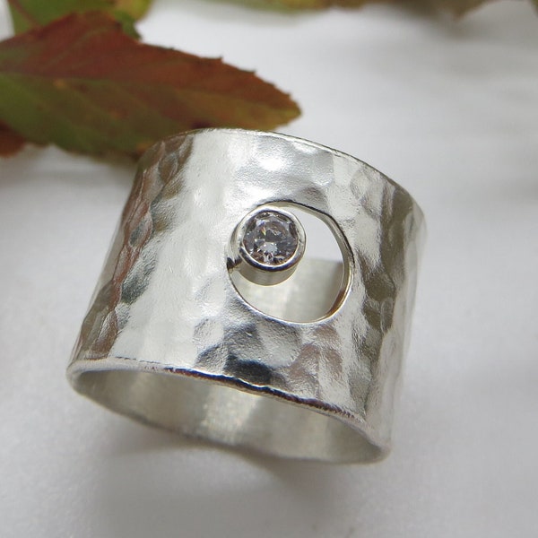 STERLING SILVER RING, Clear Faceted Cubic Zirconia, Wide Hammered Band, Artisan Made, One of a Kind, Unique and Statement, April Birthstone