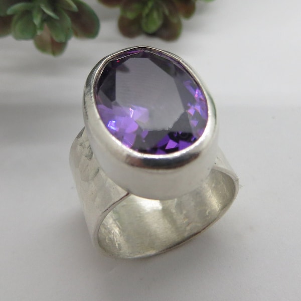 STERLING SILVER AMETHYST Ring 16 x 12mm Oval Faceted Amethyst Cubic Zirconia wide hammered band statement rings jewelry February birthstone