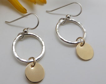 STERLING SILVER EARRINGS, Small Hammered Hoops, 14K Gold Filled Discs, Lightweight and Dangle, Artisan Made, One of Kind, Birthday Gift