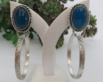 STERLING SILVER HOOP stud earrings flower patterned hoops blue agate stone earrings with stones unique earrings statement earrings jewelry